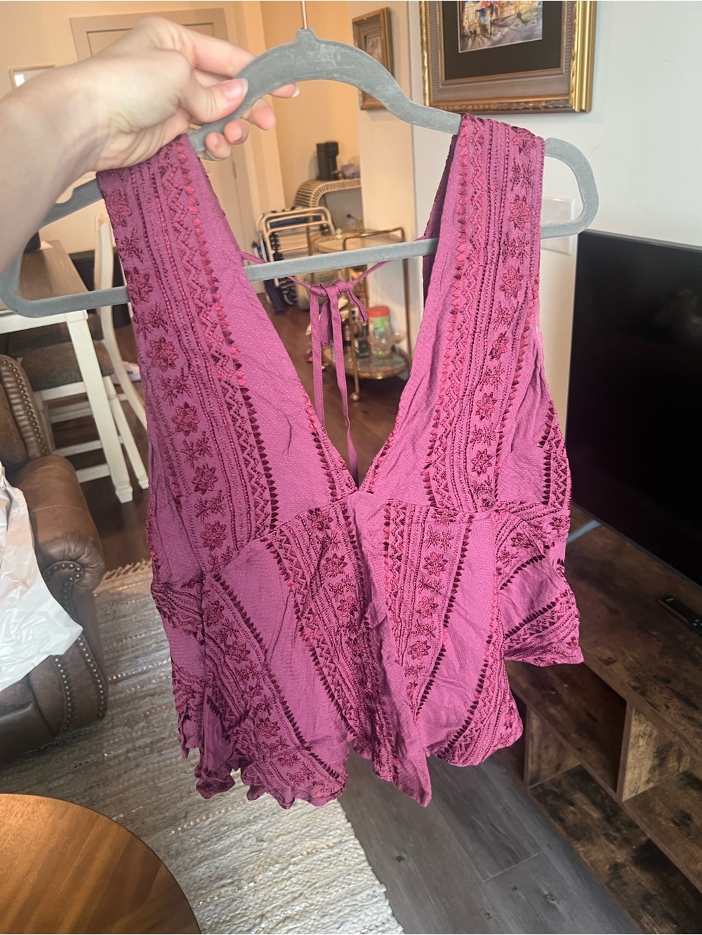 Free People Burgundy Embroidered V-Neck Tank